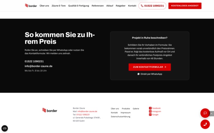 Kontaktabschnitt mit Telefonnummer, Erreichbarkeit und einem Knopf zum Formular