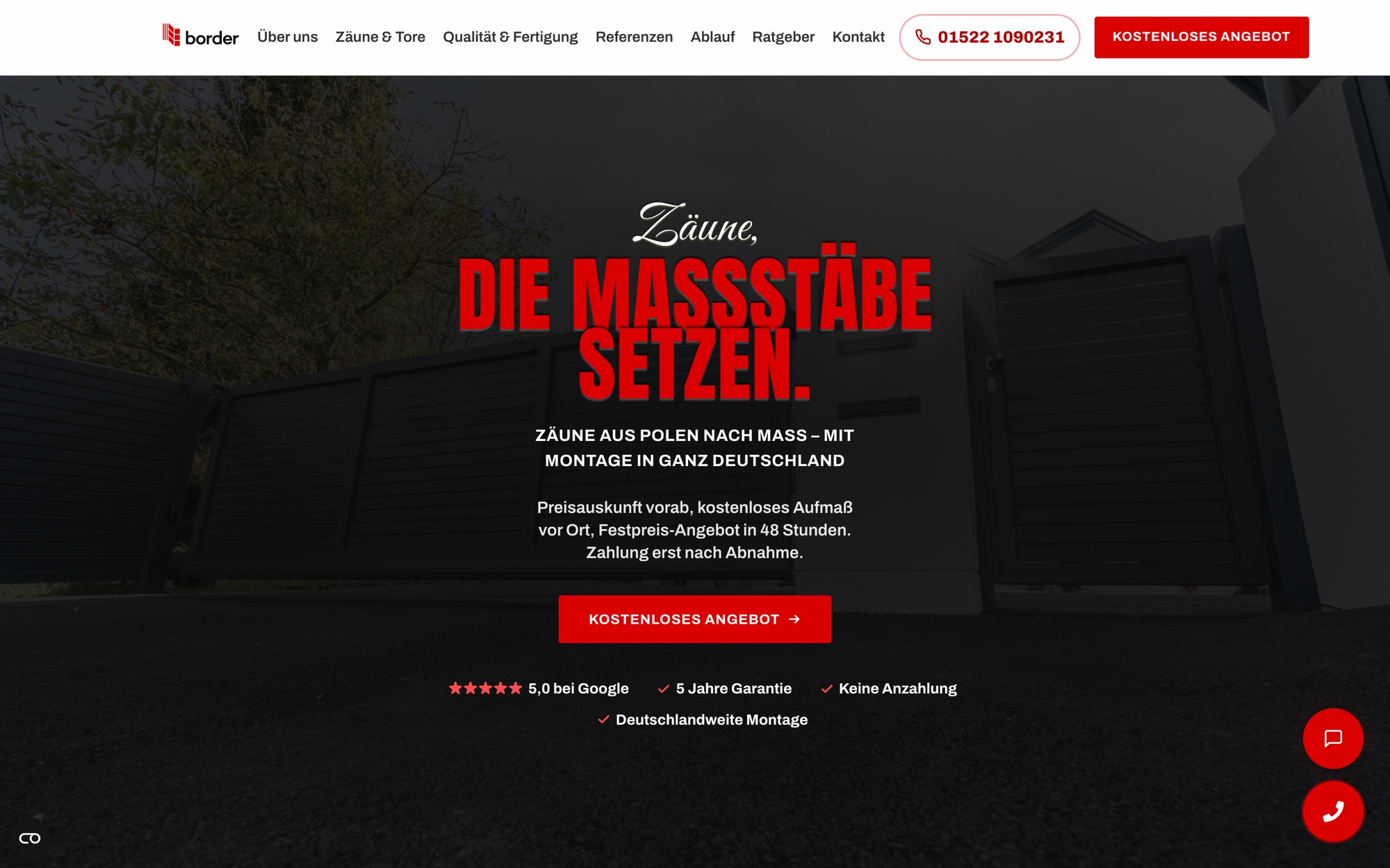 Startseite einer Zaunbau-Website, Preiszusage und Google-Bewertung stehen im ersten Bildschirm