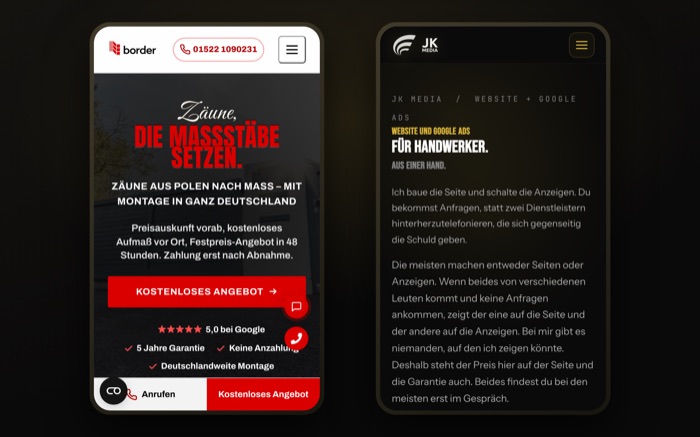 Zwei Handy-Ansichten nebeneinander, links die Zaunbau-Seite, rechts die Seite von JK Media