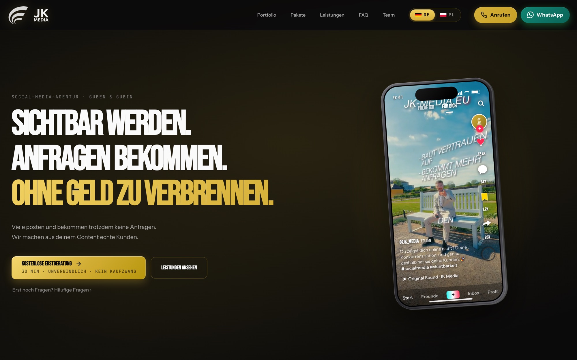 Startseite von jk-media.eu mit Angebot und Anfragestrecke